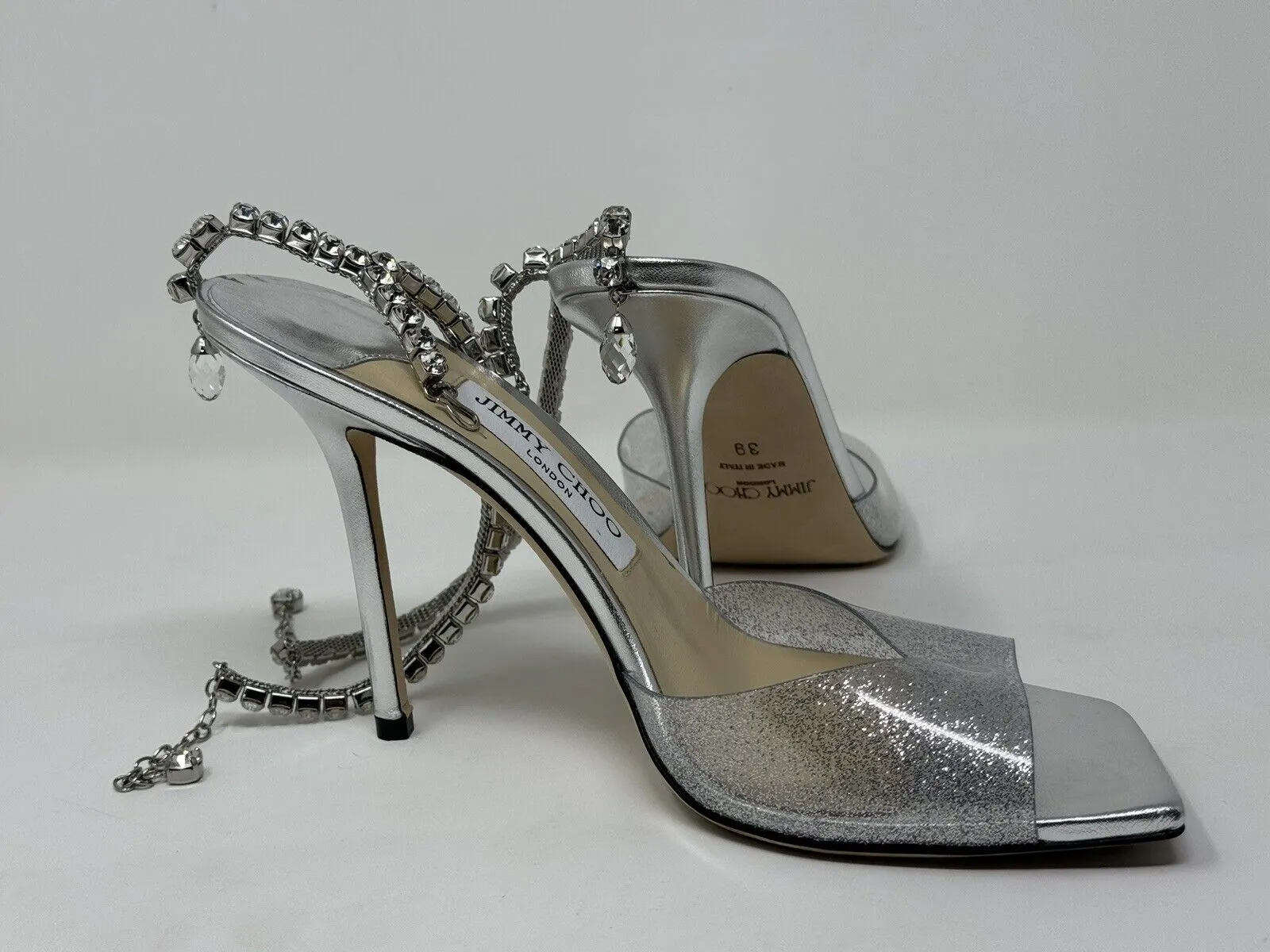 JIMMY CHOO Womens Silver Glitter Saeda 100 Square Toe Stiletto Heeled Sandal 39