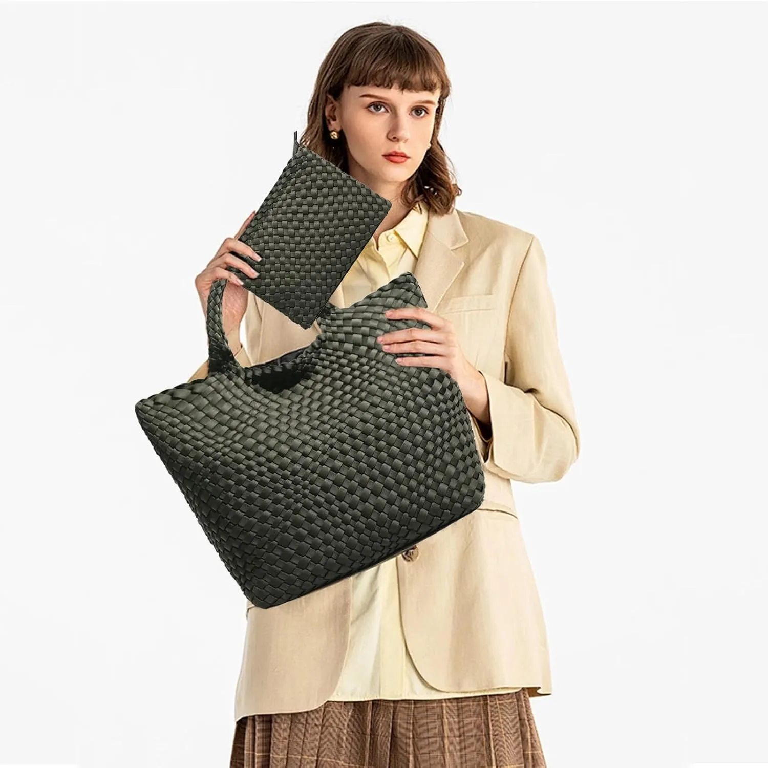 JINMANXUE Woven Hobo Bag For Women Neoprene Tote Bag Large Capacity Handbag Patchwork Handmade Casual Shoulder Bags