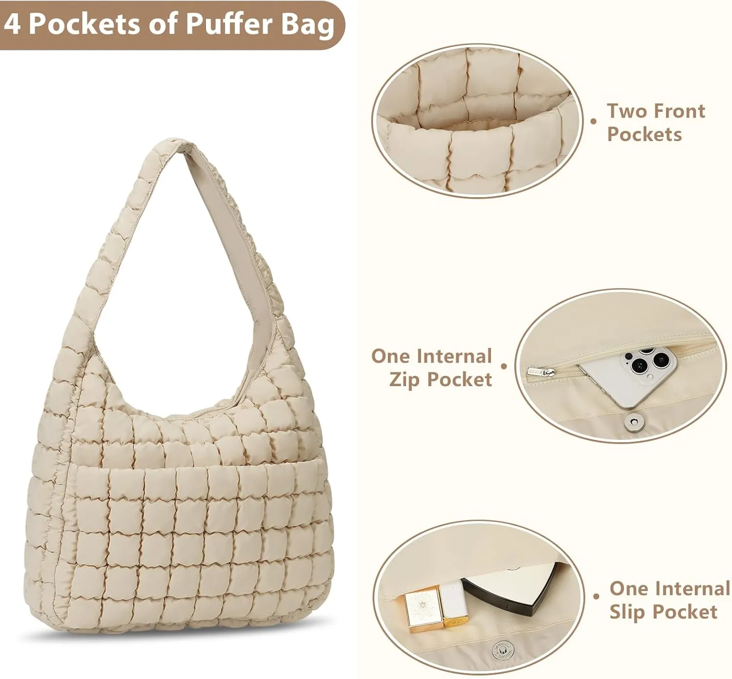 JQWYGB Quilted Tote Bag Large Hobo Bags for Women Puffer Shoulder Bag Quilted Carryall Bag Soft Puffy Padding Handbags