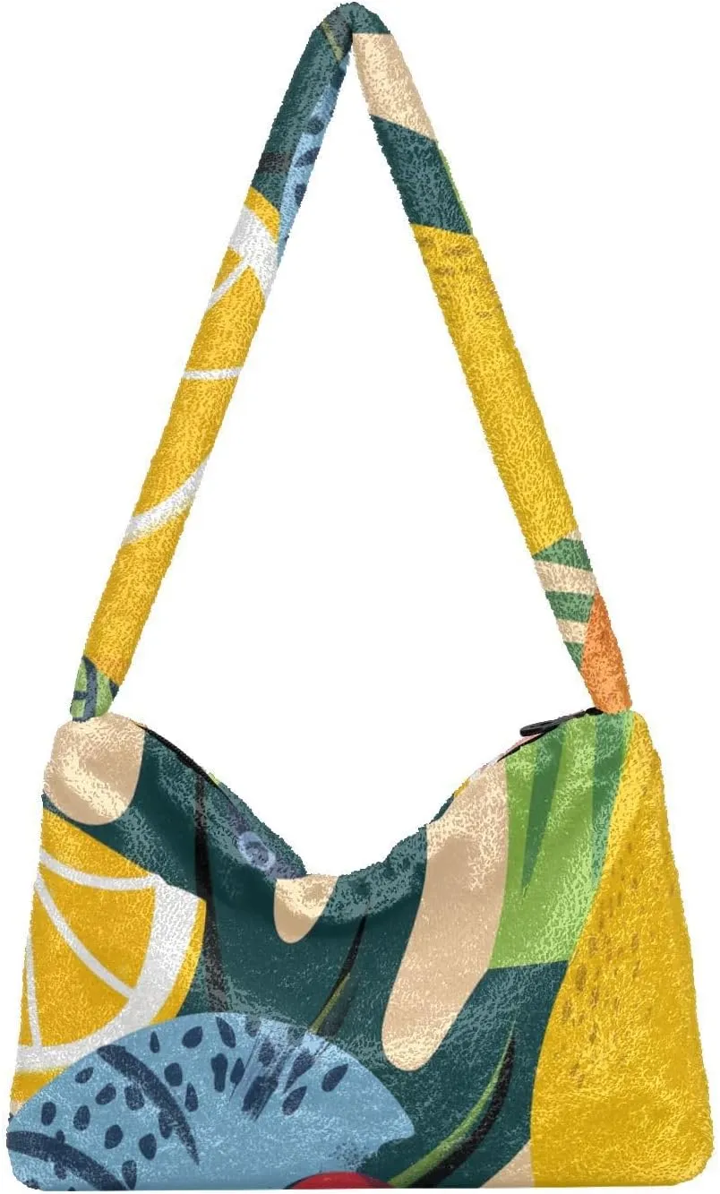 Juicy Tropical Fruits Fluffy Shoulder Bag Cute Plush Underarm Bags Women Ladies Tote Bag Girl Furry Purse Handbag for Autumn and Winter
