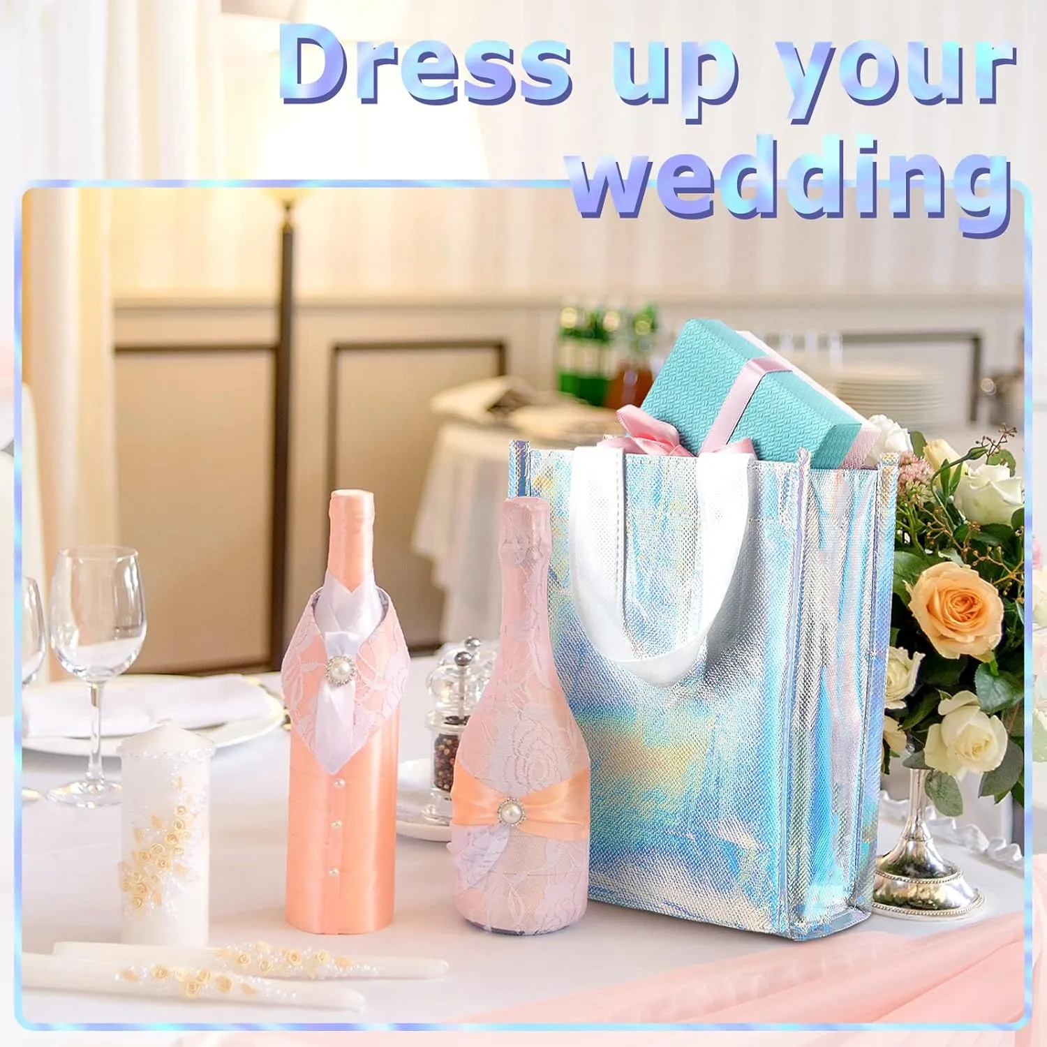 Jutom 20 Pieces Iridescent Gift Bags Bulk Reusable Party Favor Tote Bags with Handles Glossy Finish Birthday Gift for Christmas Party Wedding(6 x 3 x 8 Inch,Blue)
