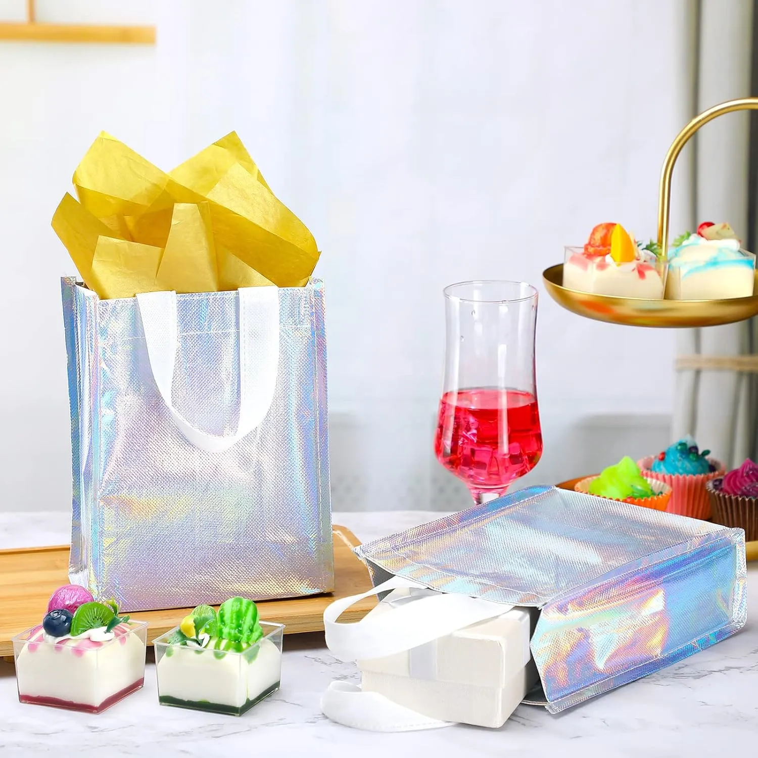 Jutom 20 Pieces Iridescent Gift Bags Bulk Reusable Party Favor Tote Bags with Handles Glossy Finish Birthday Gift for Christmas Party Wedding(6 x 3 x 8 Inch,Blue)