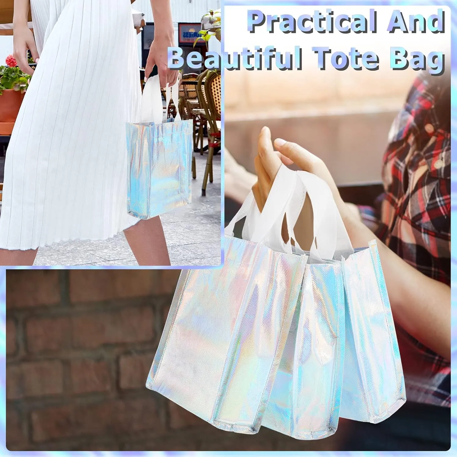 Jutom 20 Pieces Iridescent Gift Bags Bulk Reusable Party Favor Tote Bags with Handles Glossy Finish Birthday Gift for Christmas Party Wedding(6 x 3 x 8 Inch,Blue)
