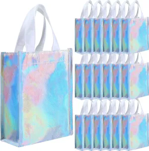 Jutom 20 Pieces Iridescent Gift Bags Bulk Reusable Party Favor Tote Bags with Handles Glossy Finish Birthday Gift for Christmas Party Wedding(6 x 3 x 8 Inch,Blue)