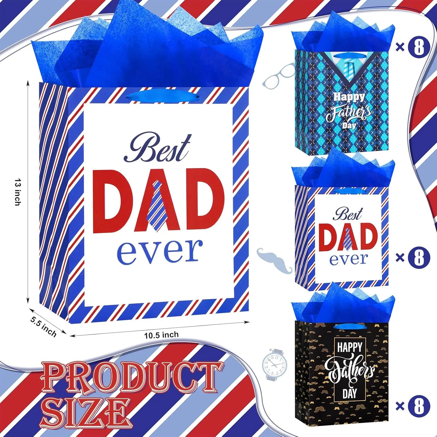 Jutom 24 Pack 13" Large Father's Day Gift Bags Bulk with Blue Tissue Paper and Handle Gift for Men Dad Father Grandpa Happy Fathers Day Party Favor Supplies