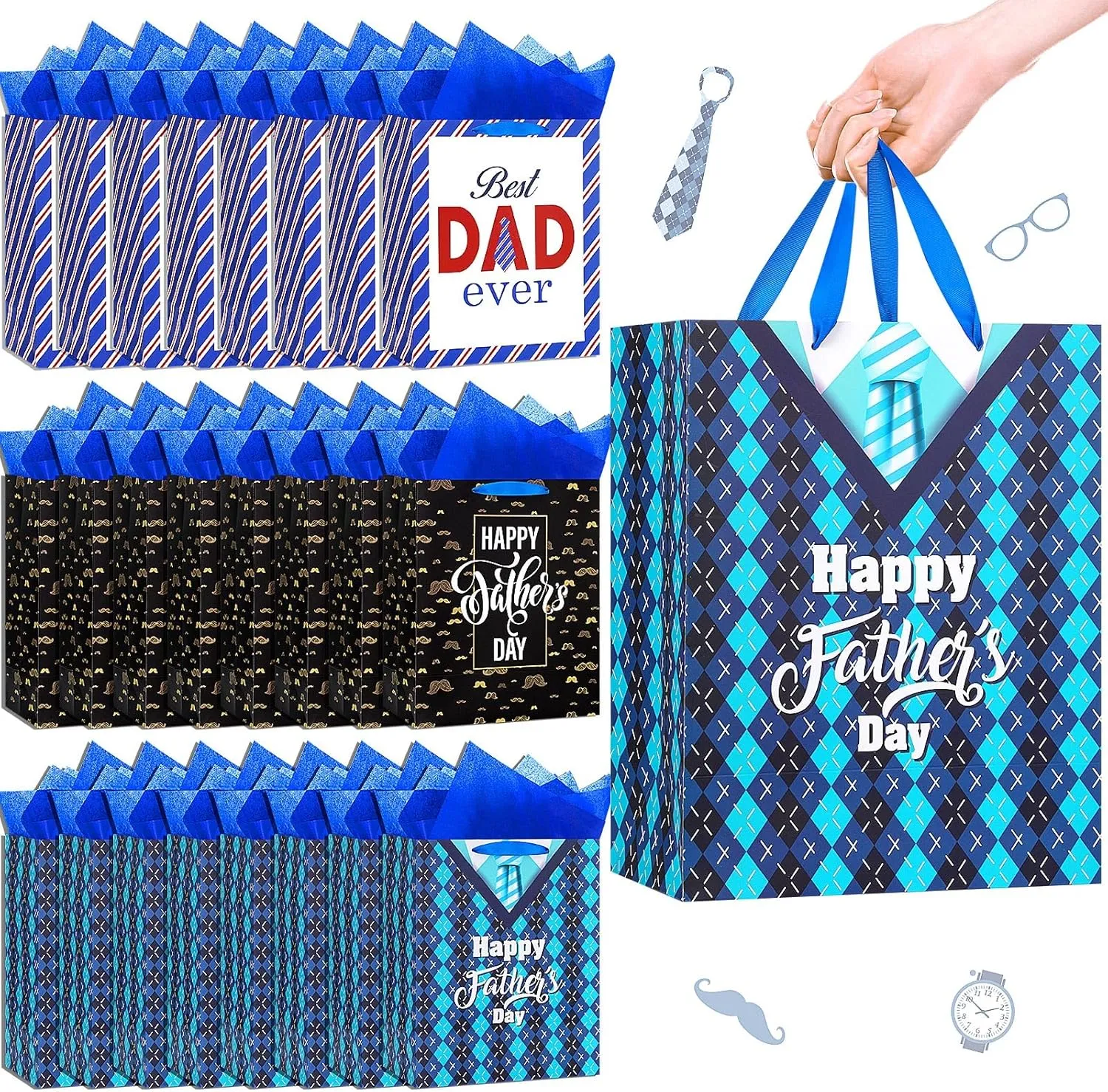 Jutom 24 Pack 13" Large Father's Day Gift Bags Bulk with Blue Tissue Paper and Handle Gift for Men Dad Father Grandpa Happy Fathers Day Party Favor Supplies