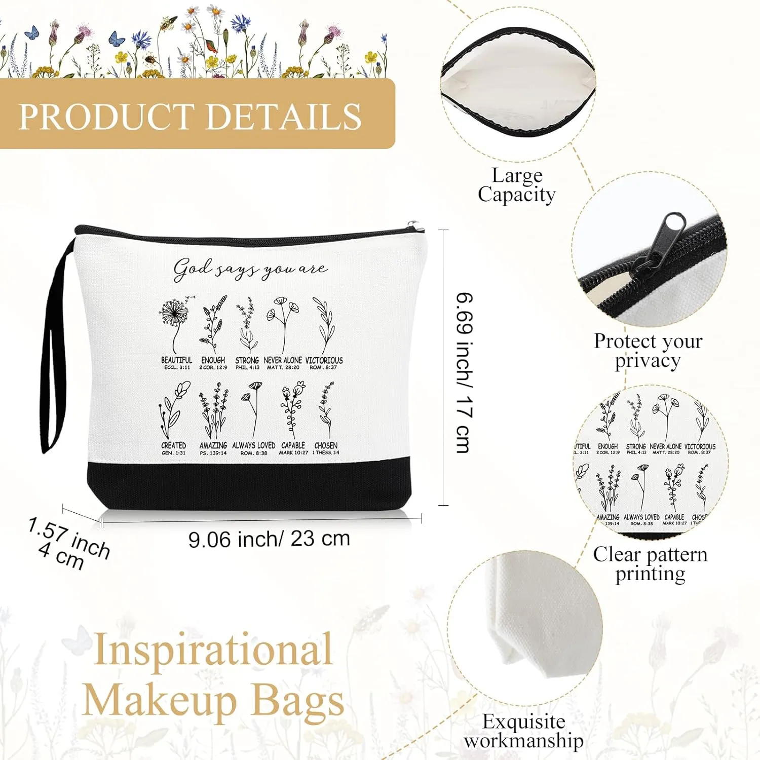 Kacctyen 20 Pcs Christian Gifts Bulk Religious Cosmetic Bags Bible Bags for Women Inspirational Floral Makeup Bag God Say You Are with Zipper for Mother's Day Gift Church Ladies