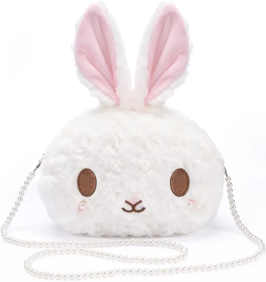 kawaii bunny Crossbody bag,cartoon Plush Rabbit wallets,cute Lolita Handbag for women, Lovely Fluffy animal purse (pearl chain) white