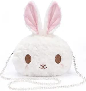 kawaii bunny Crossbody bag,cartoon Plush Rabbit wallets,cute Lolita Handbag for women, Lovely Fluffy animal purse (pearl chain) white