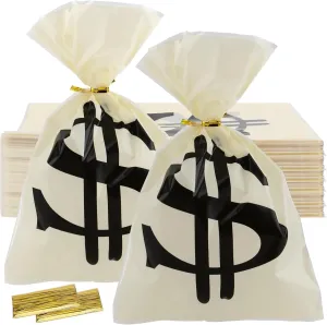 KEILEOHO 300 PCS 6 x 9 Inch, Money Party Bags, Dollar Sign Bag, Money Bag Party Favors with Ties, Small Money Candy Treat Bags for Theme Party Supplies