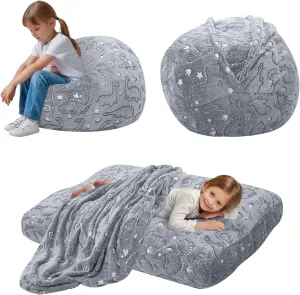 Kids Bean Bag Chair Turn into Beanbag Bed, Dinosaur Toddler Bean Chair for Girl Boy Sleeping, Lazy Children Bean Bags with Filler, Convertible Child Floor Mattress, Grey Dino