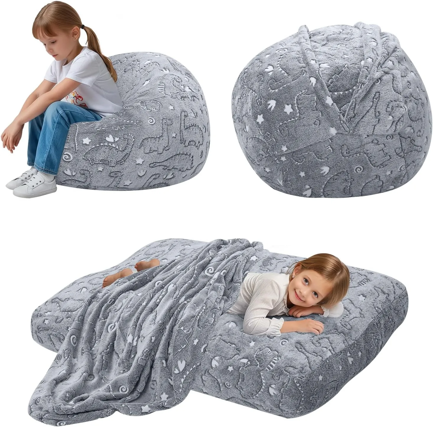 Kids Bean Bag Chair Turn into Beanbag Bed, Dinosaur Toddler Bean Chair for Girl Boy Sleeping, Lazy Children Bean Bags with Filler, Convertible Child Floor Mattress, Grey Dino