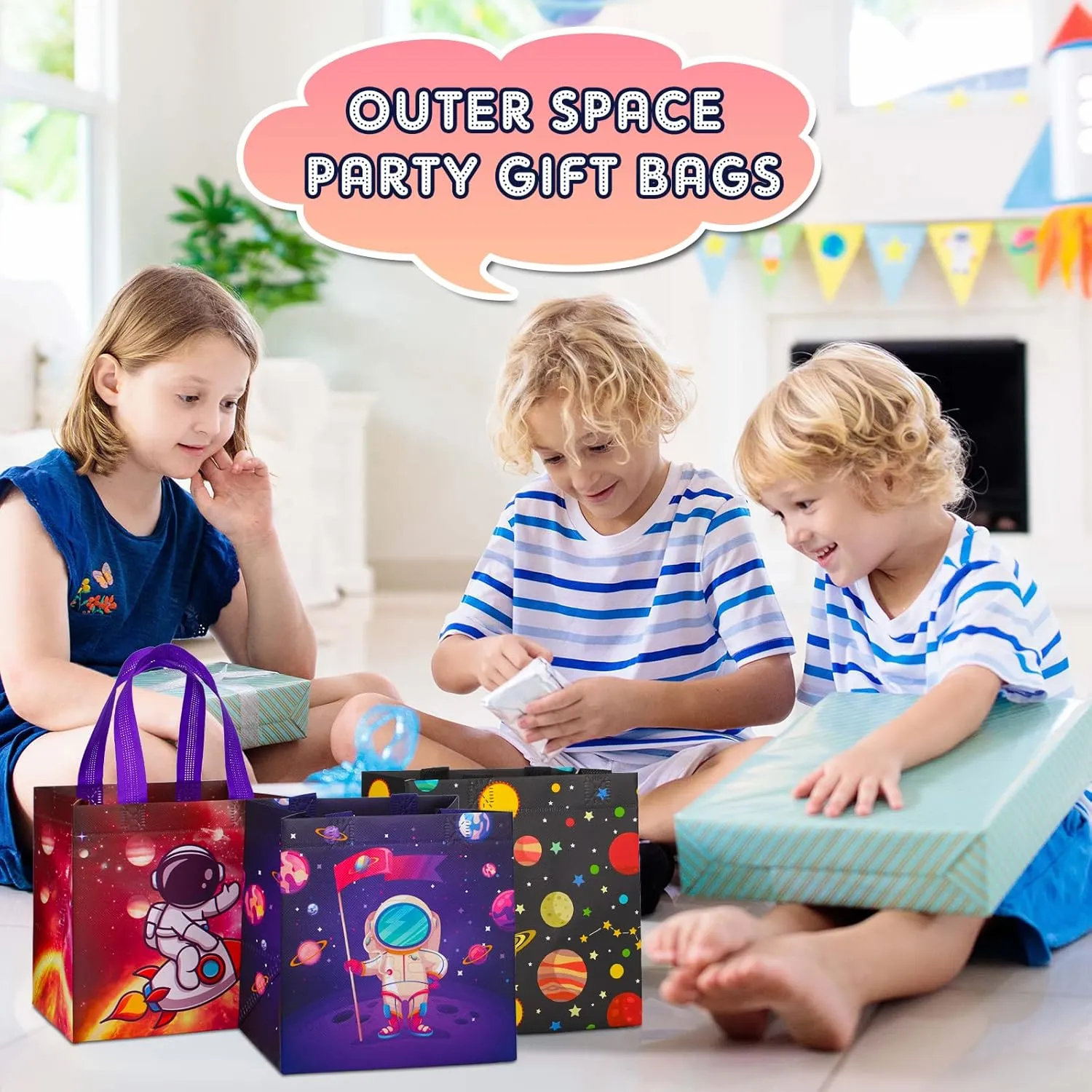 Kigeli 60 Pcs Outer Space Party Favors Bags, Non-woven Astronaut Gift Bag with Handles, 8 x 8 x 6 inch Large Goodie Candy Treat Tote for Solar System Planet Space Theme Birthday Party Supplies