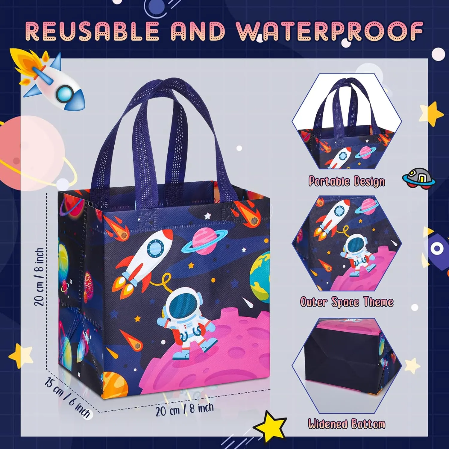 Kigeli 60 Pcs Outer Space Party Favors Bags, Non-woven Astronaut Gift Bag with Handles, 8 x 8 x 6 inch Large Goodie Candy Treat Tote for Solar System Planet Space Theme Birthday Party Supplies