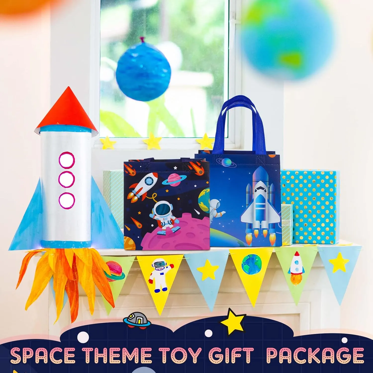 Kigeli 60 Pcs Outer Space Party Favors Bags, Non-woven Astronaut Gift Bag with Handles, 8 x 8 x 6 inch Large Goodie Candy Treat Tote for Solar System Planet Space Theme Birthday Party Supplies