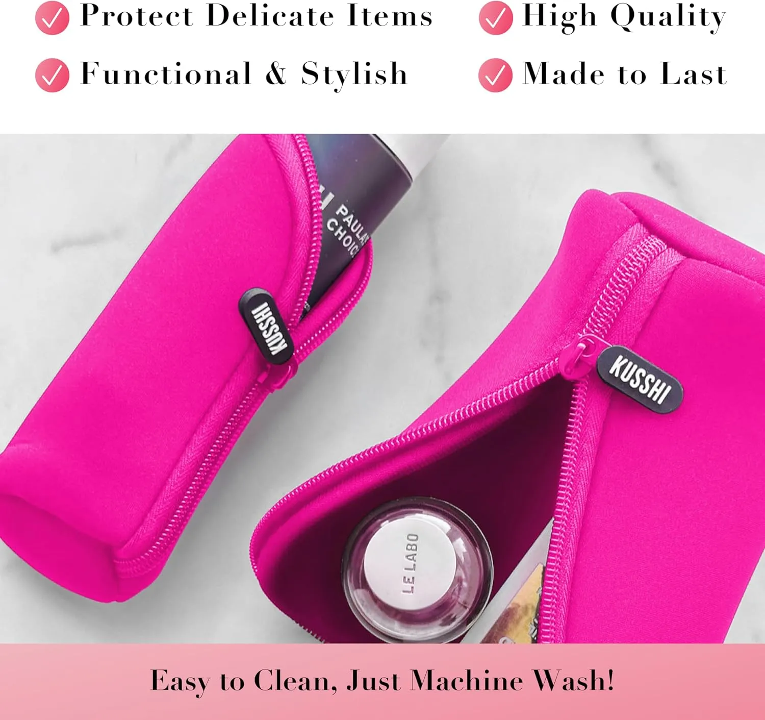 KUSSHI Neoprene Mini Makeup Pouch for Purse and Travel - Small Travel Pouch for Delicate Bottles and Beauty Items - For Foundations, Serums, Perfumes and More - Small Purse Pouch (Size XL, Pink)