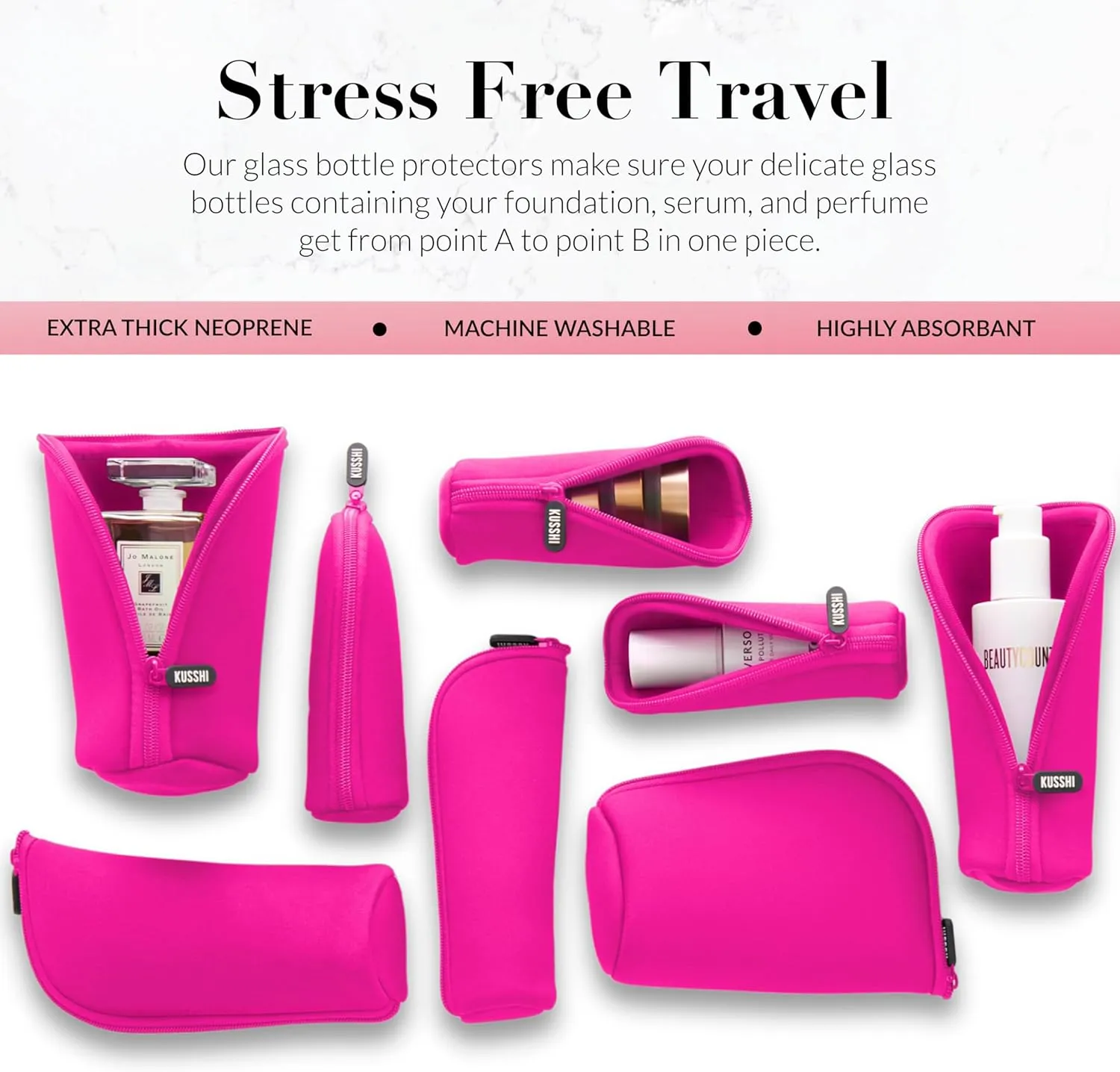 KUSSHI Neoprene Mini Makeup Pouch for Purse and Travel - Small Travel Pouch for Delicate Bottles and Beauty Items - For Foundations, Serums, Perfumes and More - Small Purse Pouch (Size XL, Pink)