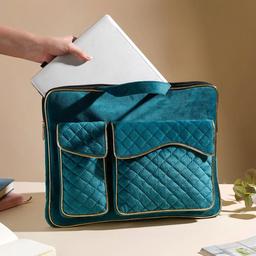 Laptop Bag Luxe Velvet Sleek Dark Green 14 x 10.5 Inch