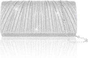 Larcenciel Clutch Purses for Women, Elegant Pleated Evening Bag with 2 Removable Chain Straps, Sparkling Silver Party Bags, Envelope Ladies Handbags for Formal Events Cocktail Weddings Prom Homecoming