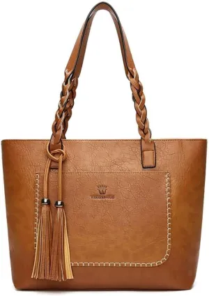 Large Capacity Work Top Handle Handbag with Tassle Tote for Women Leather Hobo Shoulder