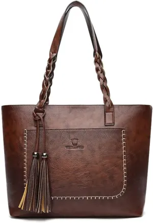 Large Capacity Work Top Handle Handbag with Tassle Tote for Women Leather Hobo Shoulder