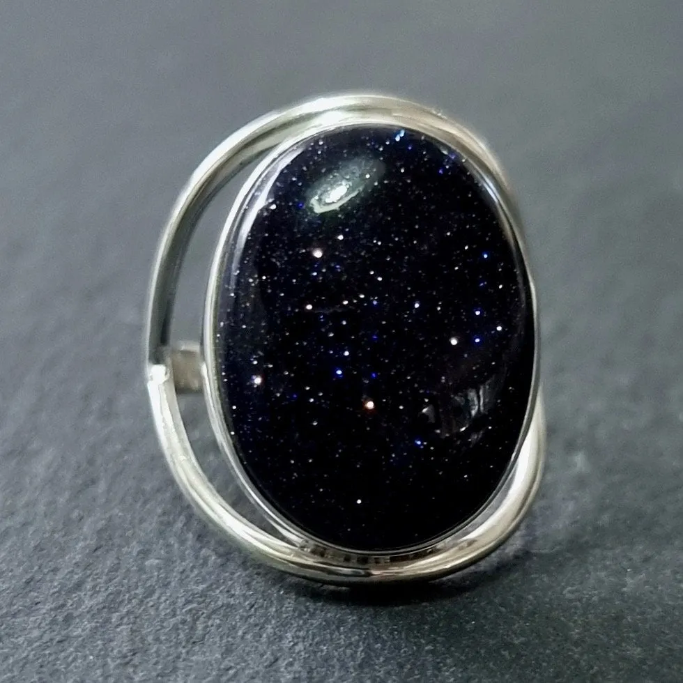 Large Oval Blue Goldstone Ring, 925 Sterling Silver, R80BSL