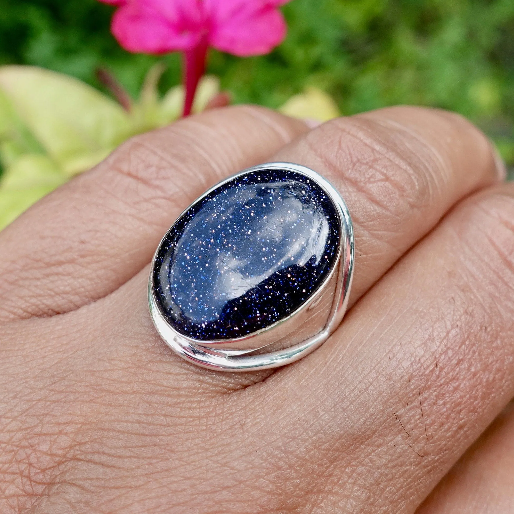 Large Oval Blue Goldstone Ring, 925 Sterling Silver, R80BSL