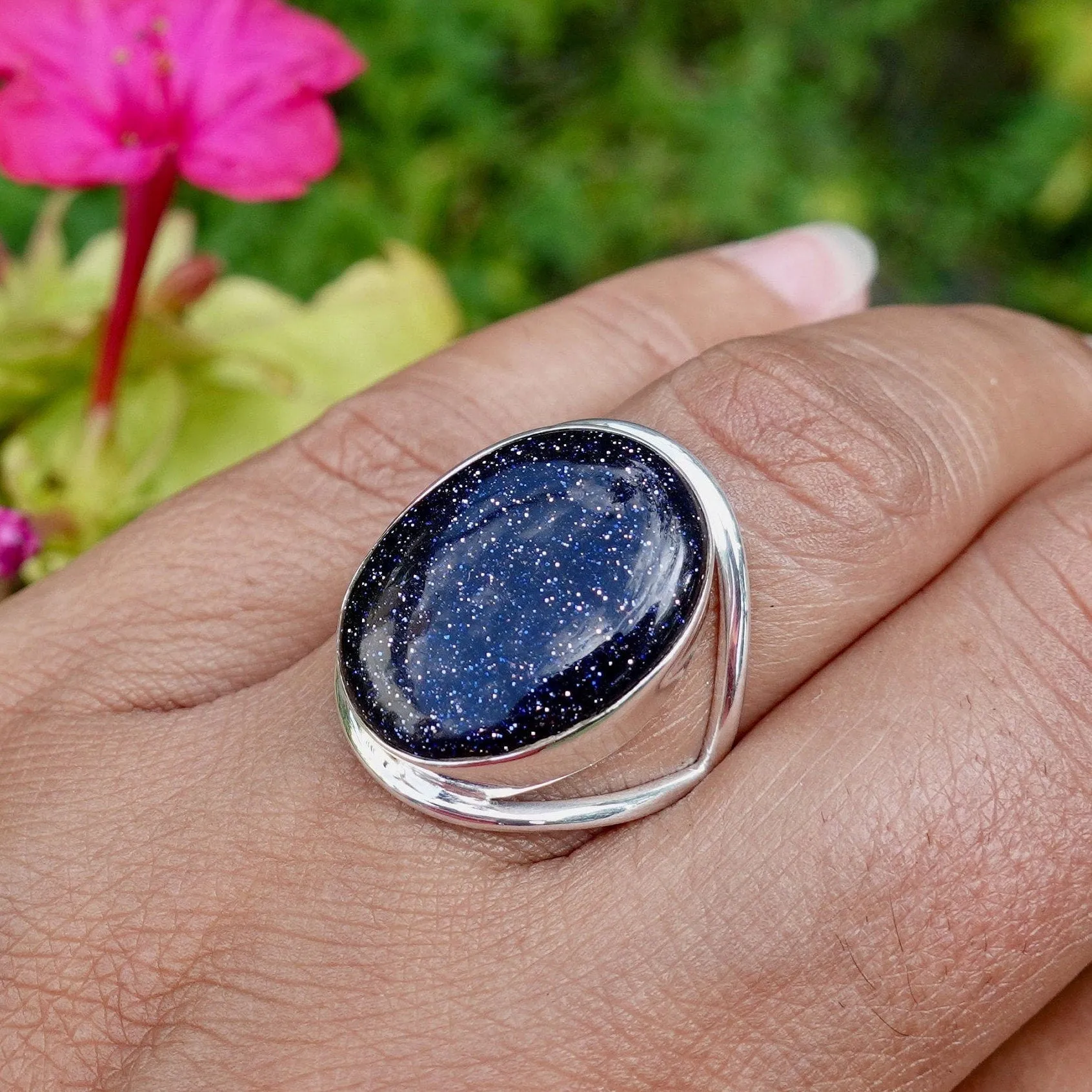 Large Oval Blue Goldstone Ring, 925 Sterling Silver, R80BSL