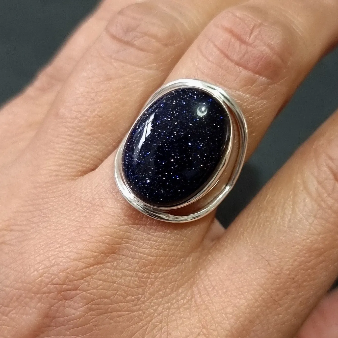 Large Oval Blue Goldstone Ring, 925 Sterling Silver, R80BSL