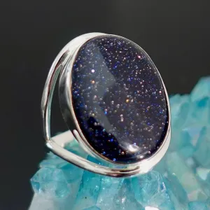 Large Oval Blue Goldstone Ring, 925 Sterling Silver, R80BSL