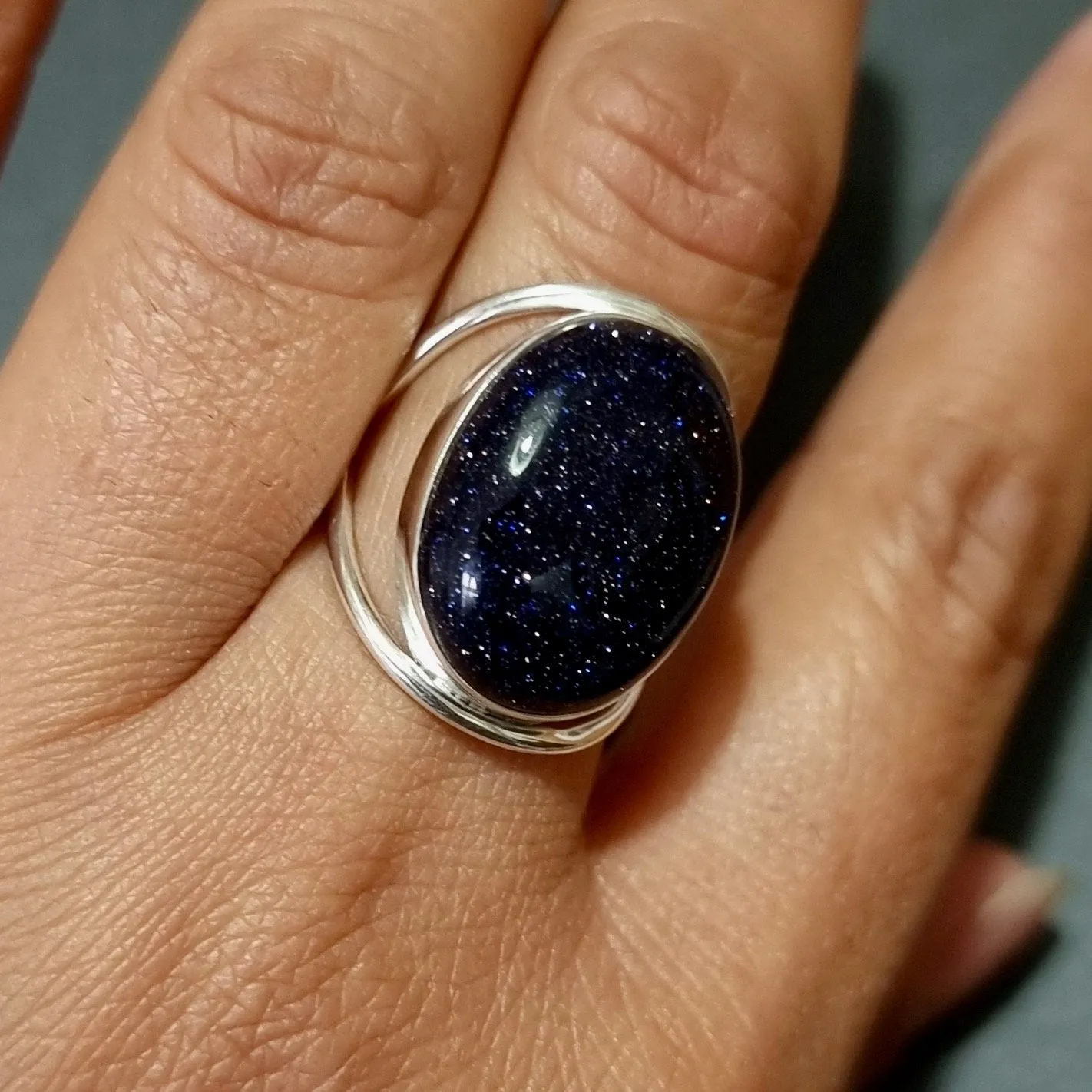 Large Oval Blue Goldstone Ring, 925 Sterling Silver, R80BSL
