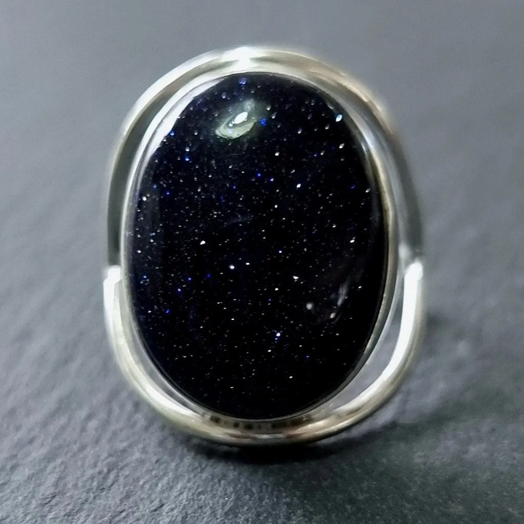 Large Oval Blue Goldstone Ring, 925 Sterling Silver, R80BSL