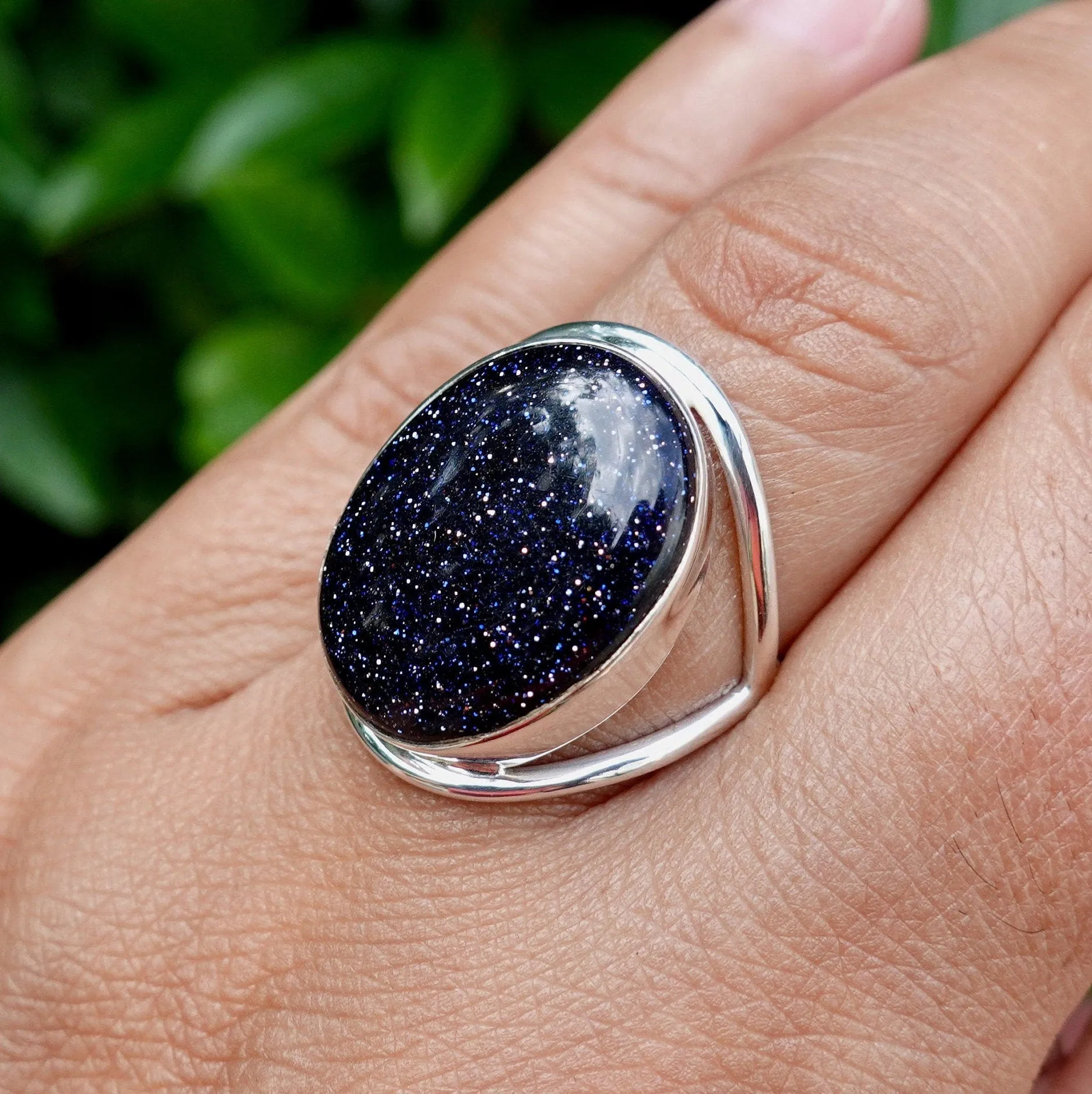 Large Oval Blue Goldstone Ring, 925 Sterling Silver, R80BSL