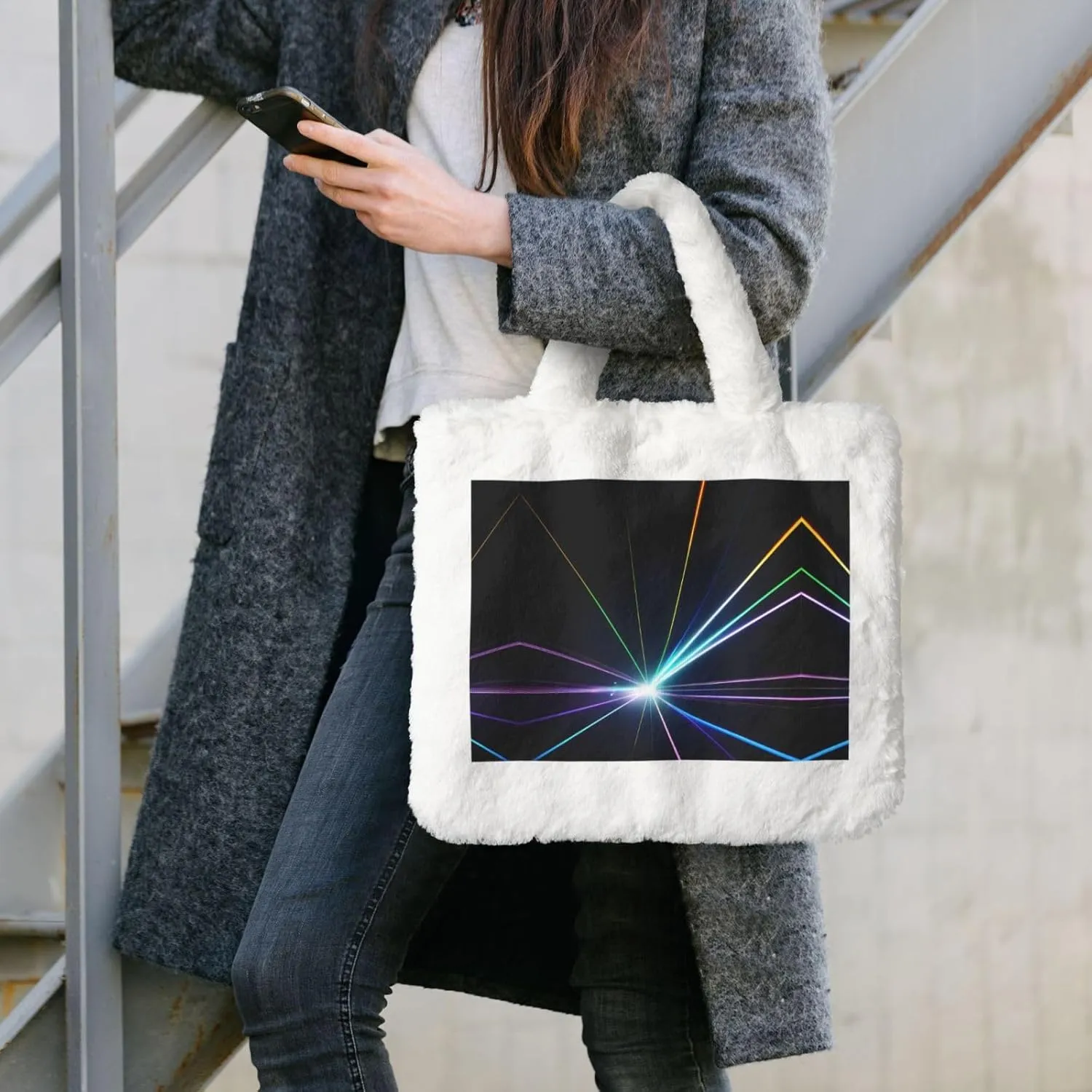 Laser Light Printing Fluffy Shoulder Bag Ladies Plush Underarm Bag Tote Bag Furry Purse Handbag For Work Travel