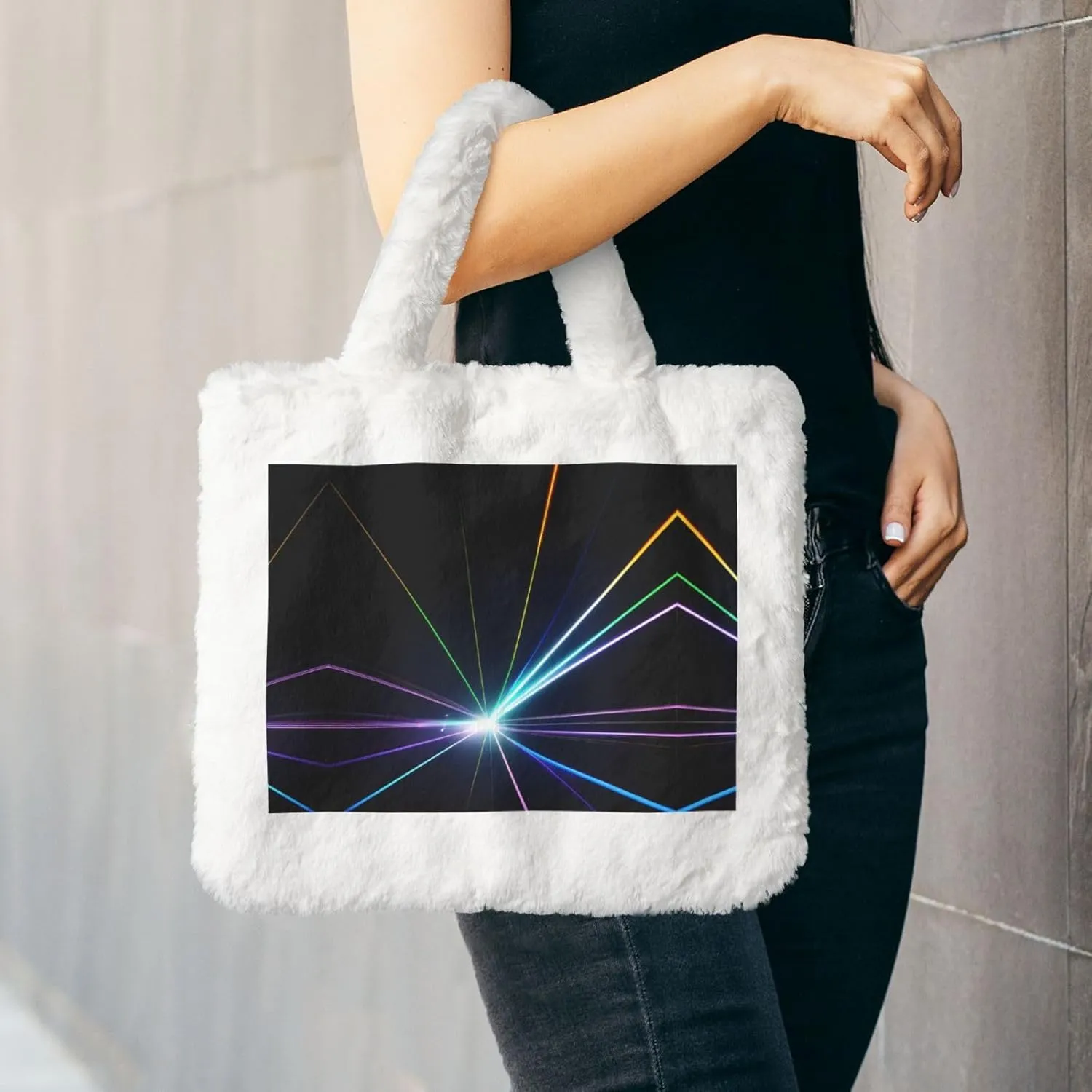 Laser Light Printing Fluffy Shoulder Bag Ladies Plush Underarm Bag Tote Bag Furry Purse Handbag For Work Travel