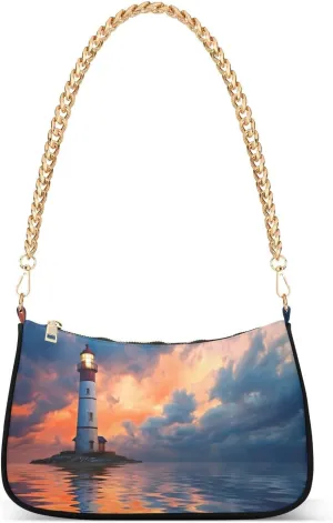 Lighthouse Pattern Shoulder Bag for Women, Handbag with Chain Strap, Soft Purse Tote Bag for Ladies