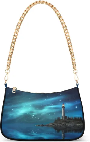 Lighthouse with Stars Shoulder Bag for Women, Handbag with Chain Strap, Soft Purse Tote Bag for Ladies