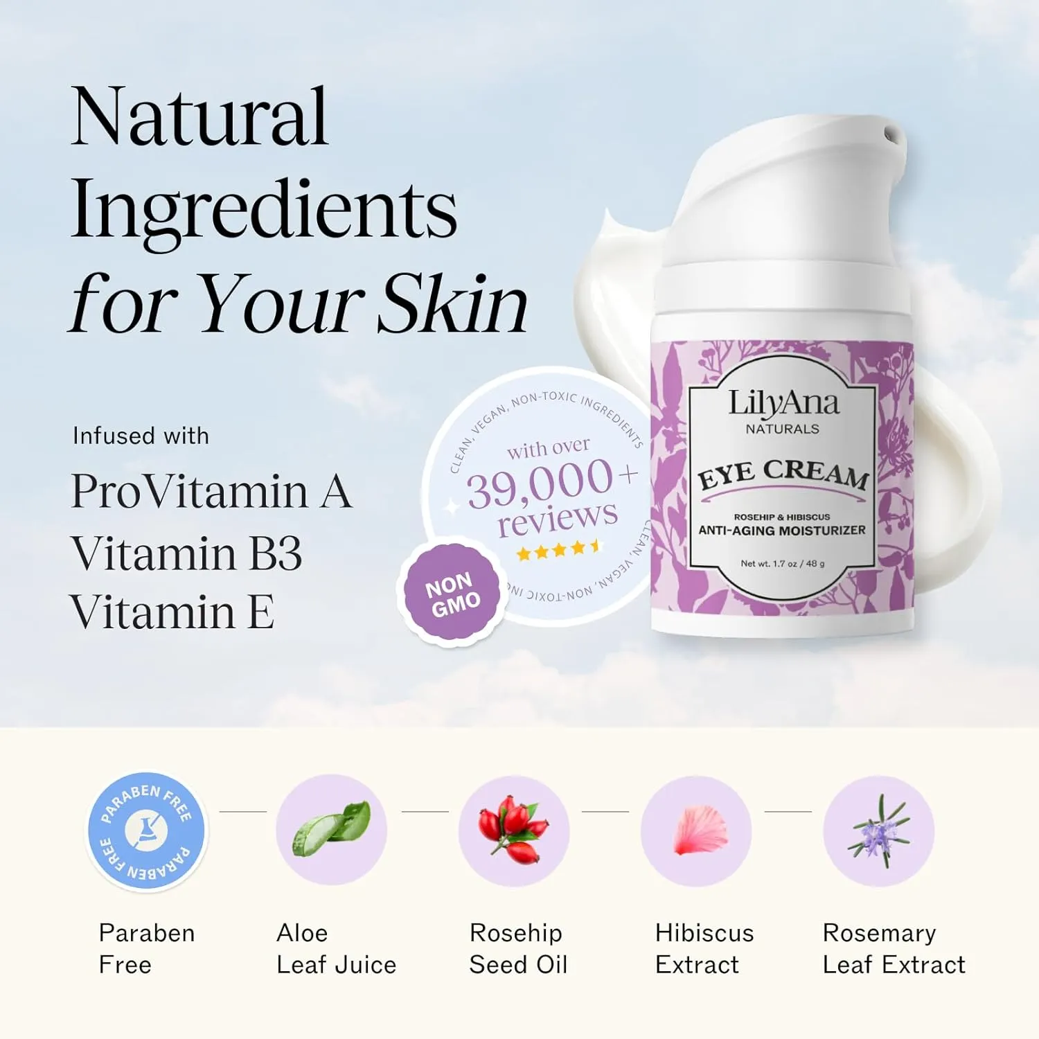 LilyAna Naturals Eye Cream for Dark Circles and Puffiness, Under Eye Cream for Wrinkles and Bags, Anti Aging - helps Improve Dryness; for Sensitive Skin - 1.7 oz - Made in USA