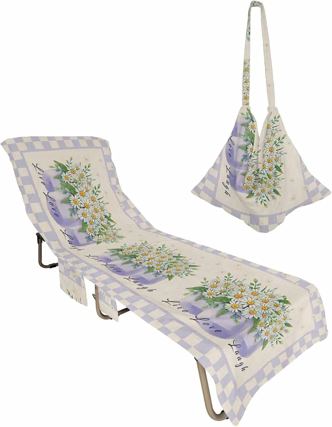 Little Daisy Chaise Lounger Cover with Pockets, Pool Lounge Chair Covers 85"x29", Summer Vintage Blue Plaid Microfiber Beach Chair Cover for Outdoor Patio Sunbathing