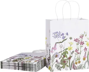 Loveinside Vintage Wildfloral Paper Gift Bag, Spring Flower Deisgn with Handles Grocery Shopping Bags Candy Goodie Bags for Birthday, Wedding, Spring, Mother's Day, 8" x 4" x 10", 12 Pcs