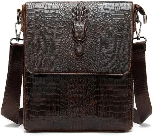 LUKZIJAES Genuine Leather Flap Messenger Bag for Men Vintage Crocodile Embossed Crossbody Small Shoulder Bags