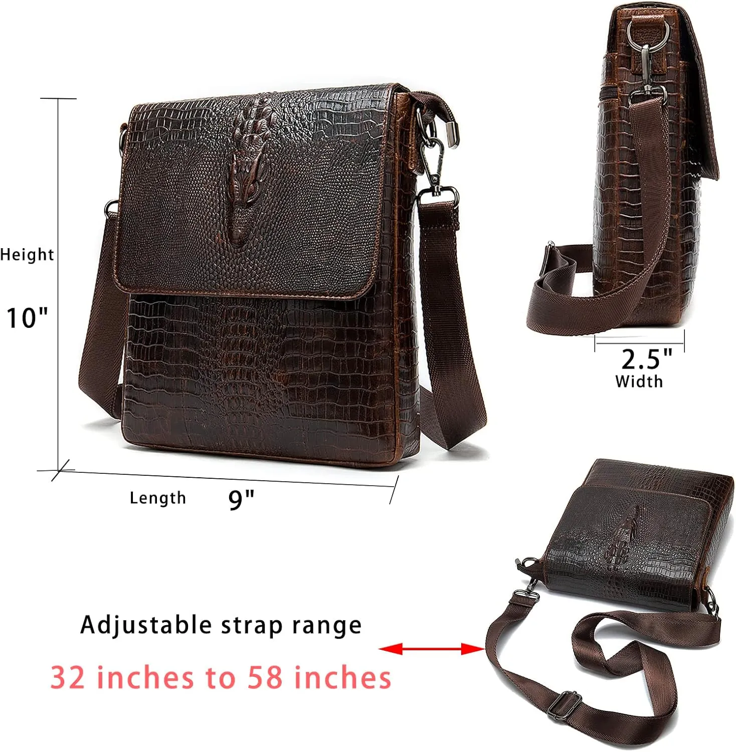 LUKZIJAES Genuine Leather Flap Messenger Bag for Men Vintage Crocodile Embossed Crossbody Small Shoulder Bags