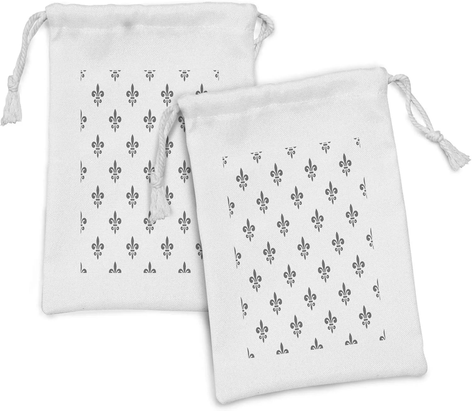 Lunarable Fleur De Lis Fabric Pouch Set of 2, Royal Petal Floral Lily in Simple Old Style Ornate Antiquity Abstract, Small Drawstring Bag for Toiletries Masks and Favors, 9" x 6", Charcoal Grey White