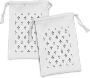 Lunarable Fleur De Lis Fabric Pouch Set of 2, Royal Petal Floral Lily in Simple Old Style Ornate Antiquity Abstract, Small Drawstring Bag for Toiletries Masks and Favors, 9" x 6", Charcoal Grey White