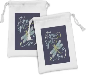 Lunarable Inspirational Fabric Pouch Set of 2, Calligraphy Words Let Your Soar and Ornate Dragonfly, Small Drawstring Bag for Toiletries Masks and Favors, 9" x 6", Pale Blue and Yellow