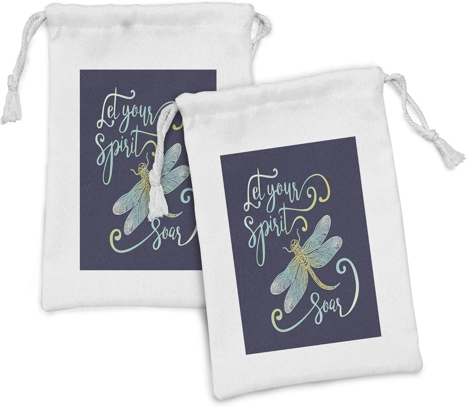 Lunarable Inspirational Fabric Pouch Set of 2, Calligraphy Words Let Your Soar and Ornate Dragonfly, Small Drawstring Bag for Toiletries Masks and Favors, 9" x 6", Pale Blue and Yellow