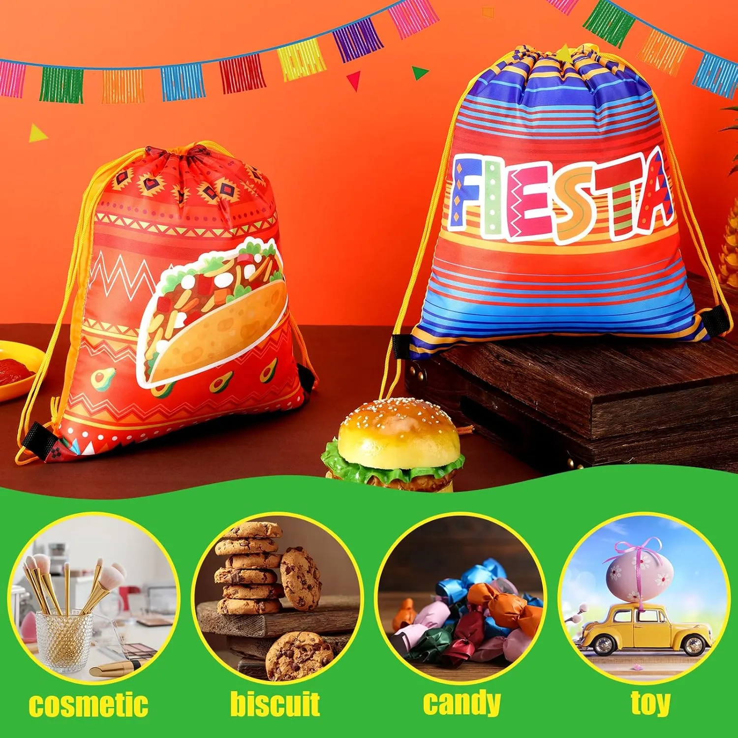 Marsui 24 Pcs Taco Party Party Favor Drawstring Bags Gift Goodie Candy Favors Bags for Birthday Party Supplies