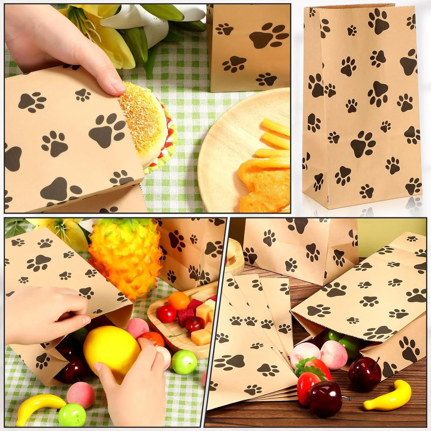 Meanplan 400 Pcs Paper Paw Print Bags with Footprint Paper Dog Treat Bags Bulk for Lunch Snacks Bread Candy Sandwich Popcorn Cookies Food Party Favors (4lb: 9.4 x 5.1 x 3.1 Inch)