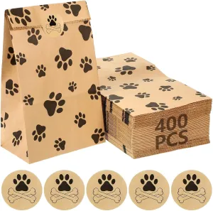 Meanplan 400 Pcs Paper Paw Print Bags with Footprint Paper Dog Treat Bags Bulk for Lunch Snacks Bread Candy Sandwich Popcorn Cookies Food Party Favors (4lb: 9.4 x 5.1 x 3.1 Inch)