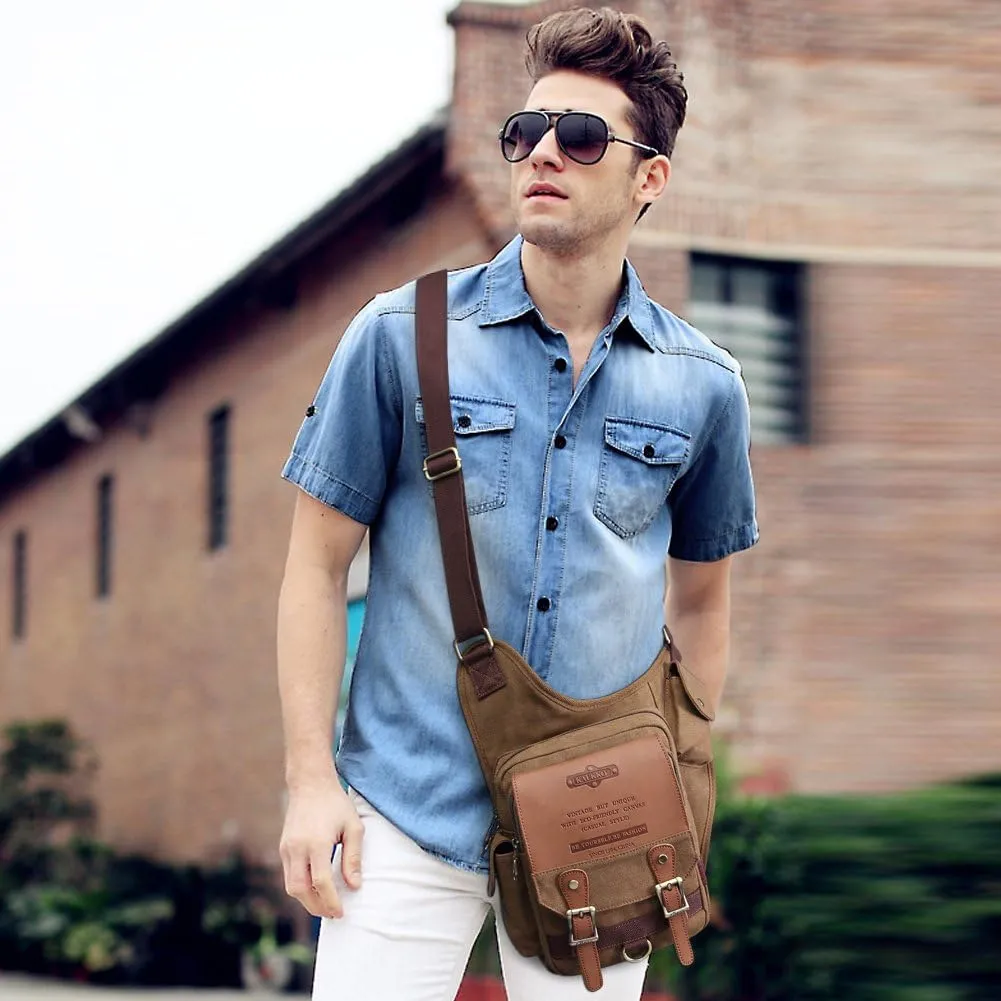 Mens Vintage Canvas Shoulder Messenger Bag Chest Leather Patchwork Messenger Bag